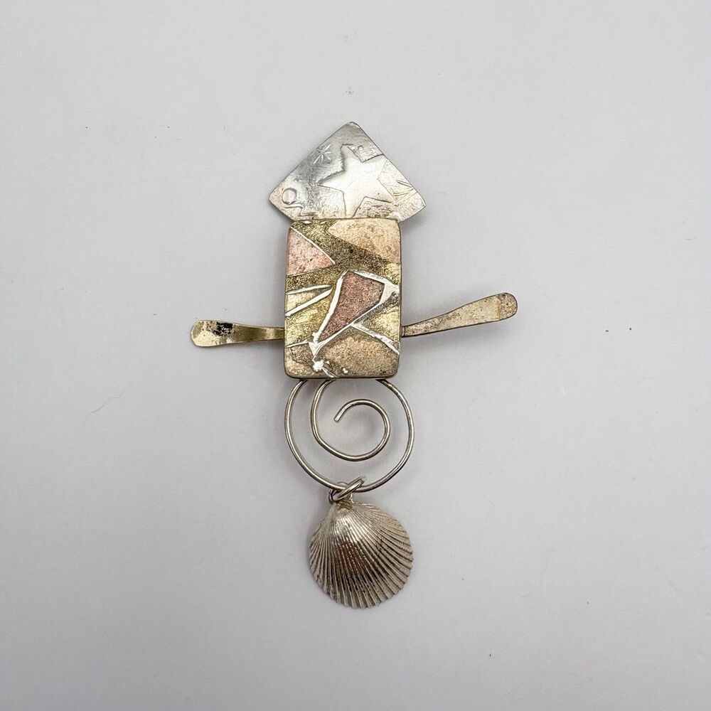 Modernist Seashell Brooch Pin 925 Silver and Mixed Metal Marine VTG 3” Dangle